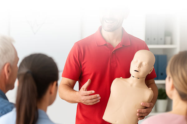 Kursleiter/Dozent im Seminar mit mehreren Teilnehmern für Erste Hilfe