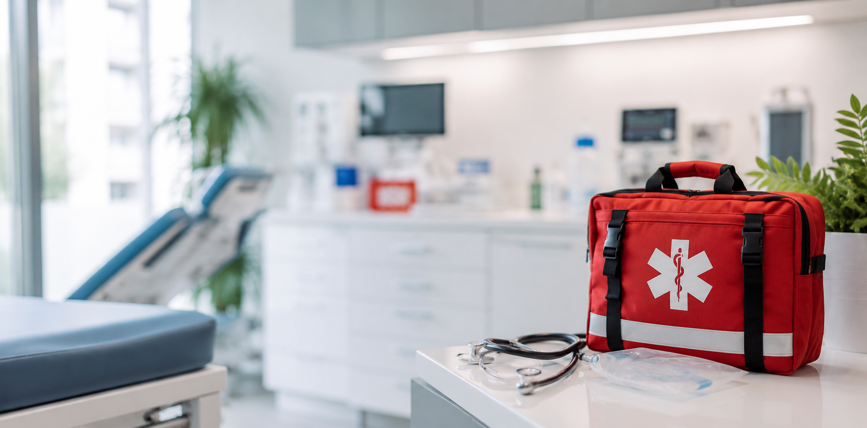 Notfalltasche und Stethoskop im Behandlungsraum einer Arztpraxis
