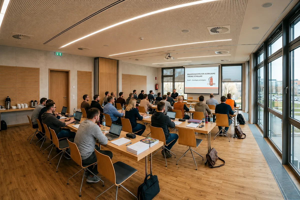 Brandschutzhelfer-Ausbildung in Düren &ndash; Stadtansicht mit einem Brandschutzhelfer mit Helm