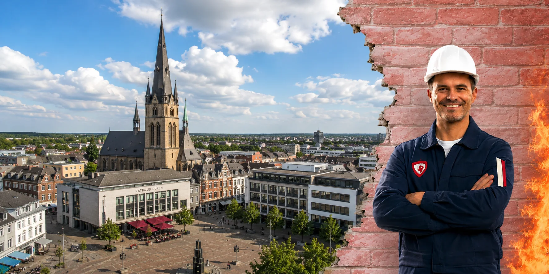 Brandschutzhelfer-Ausbildung in Düren: Blick über den Marktplatz mit Rathaus und Kirche, rechts ein Brandschutzhelfer mit Helm vor einer Mauerbresche mit Flammen