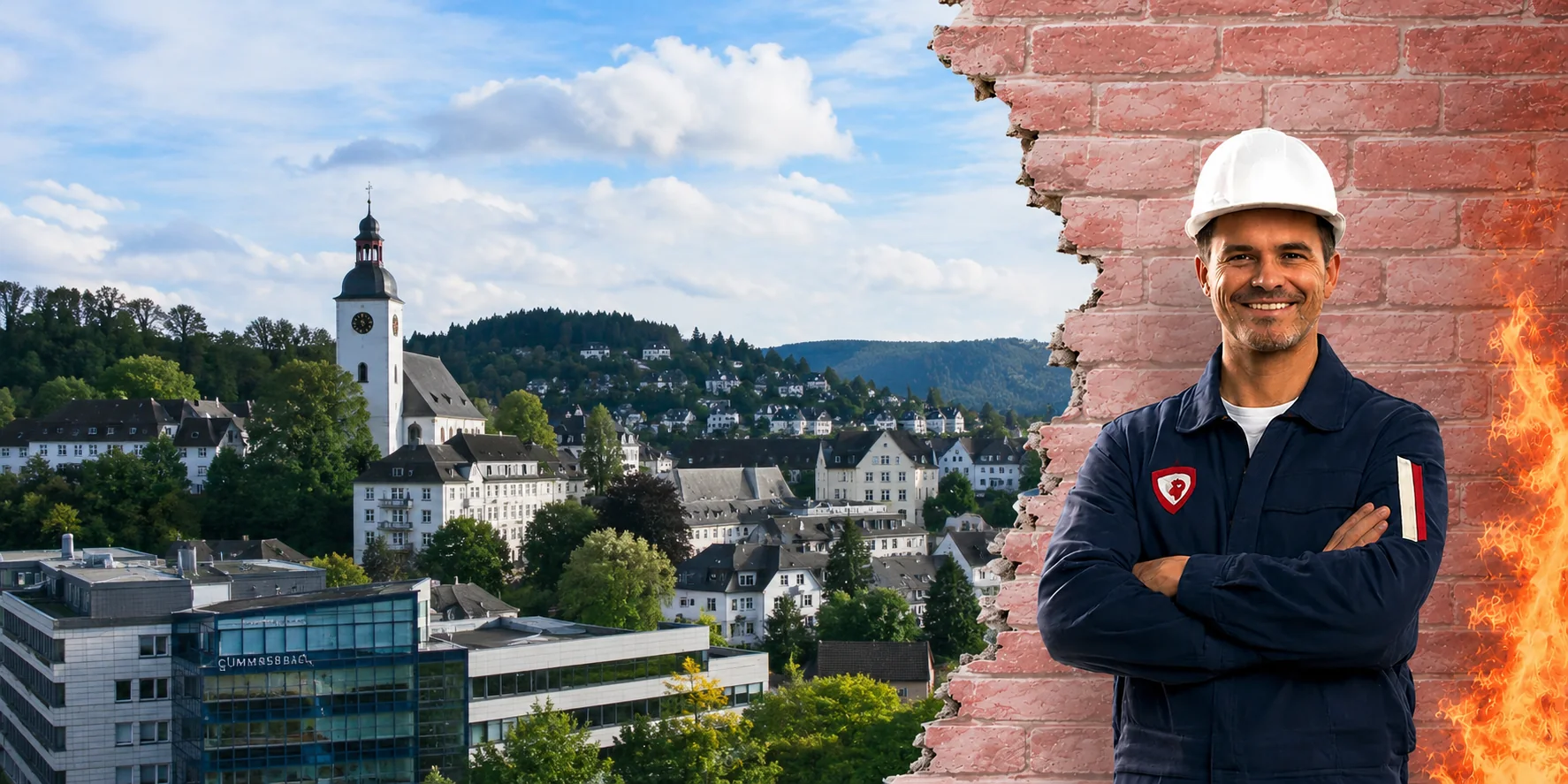 Brandschutzhelfer-Ausbildung in Gummersbach: Stadtansicht mit Kirche und bewaldeten Hügeln des Oberbergischen Kreises, rechts ein Brandschutzhelfer mit Helm vor einer Mauerbresche mit Flammen