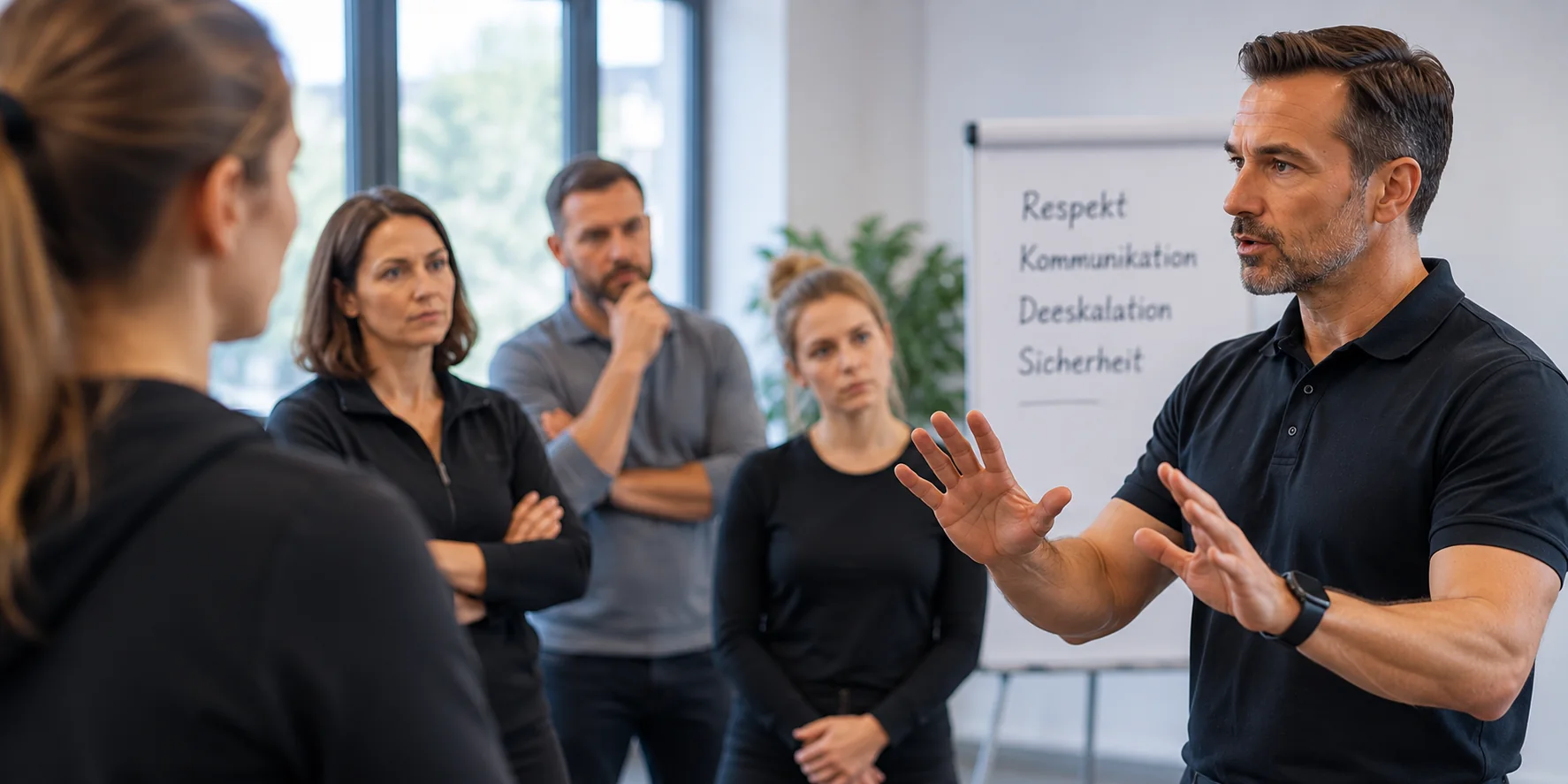 Kommunikationstraining im Betrieb: ein Trainer erklärt einer Gruppe von Beschäftigten wertschätzende Gesprächsführung, im Hintergrund ein Flipchart mit Respekt, Kommunikation, Deeskalation und Sicherheit