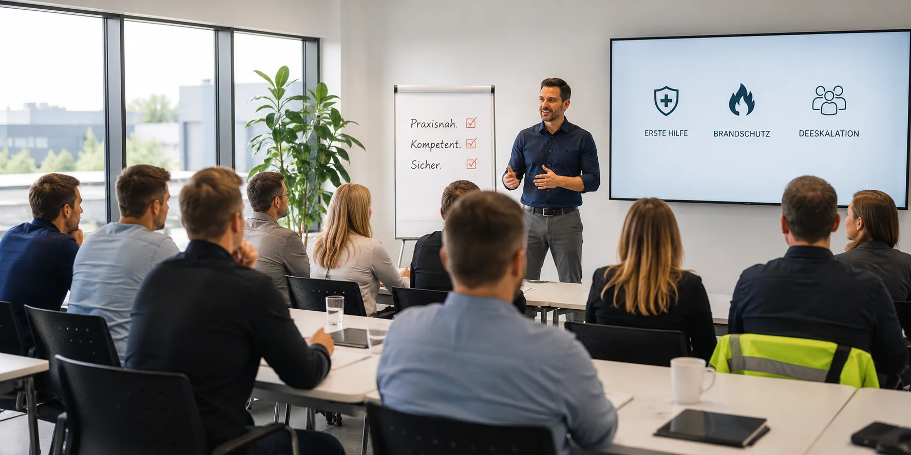 Inhouse-Schulung im Betrieb: Trainer vor einer Gruppe am Konferenztisch, Flipchart und Bildschirm mit Erste Hilfe, Brandschutz und Deeskalation