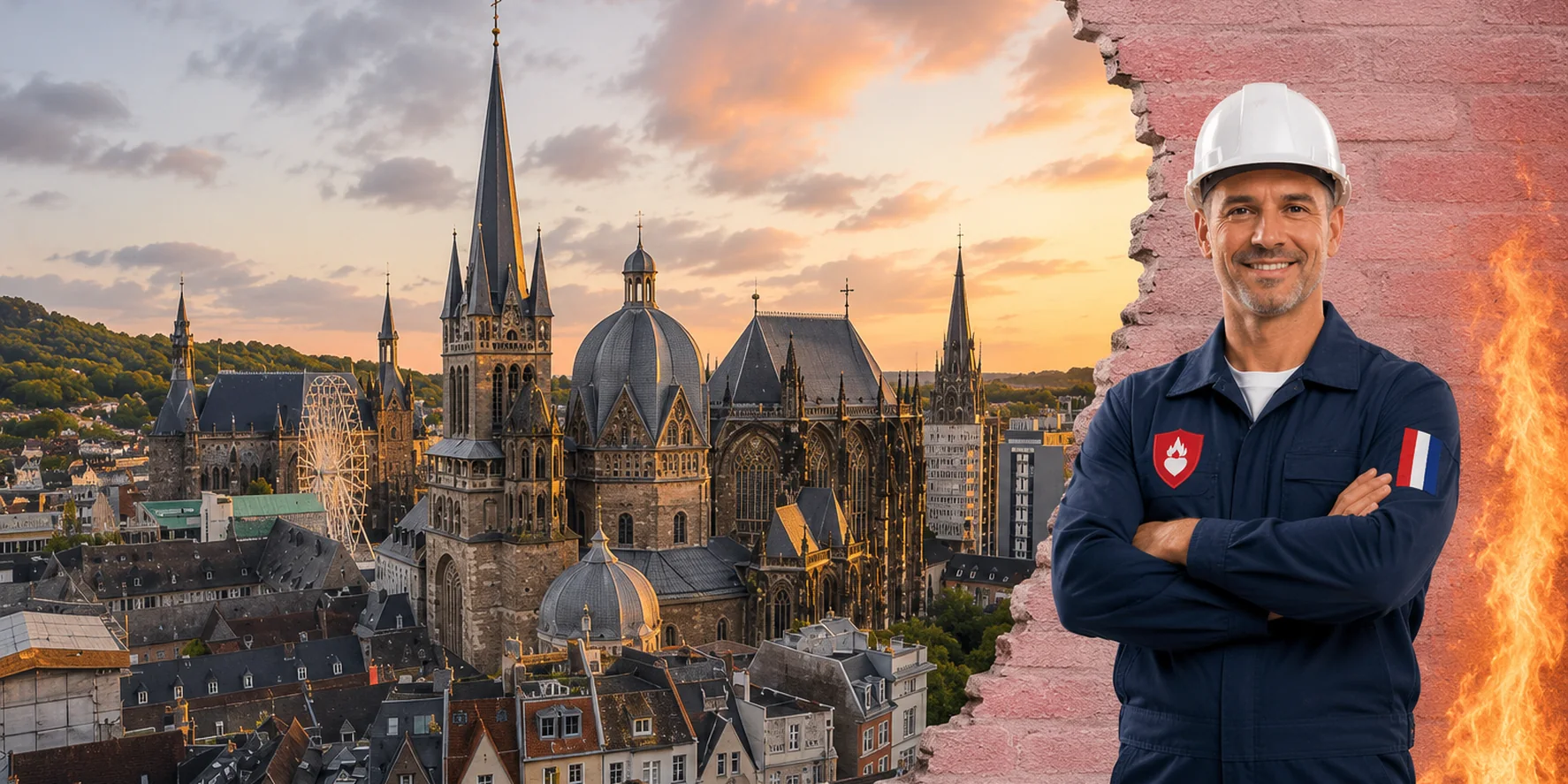 Brandschutzhelfer-Ausbildung in Aachen &ndash; Stadtansicht mit einem Brandschutzhelfer mit Helm