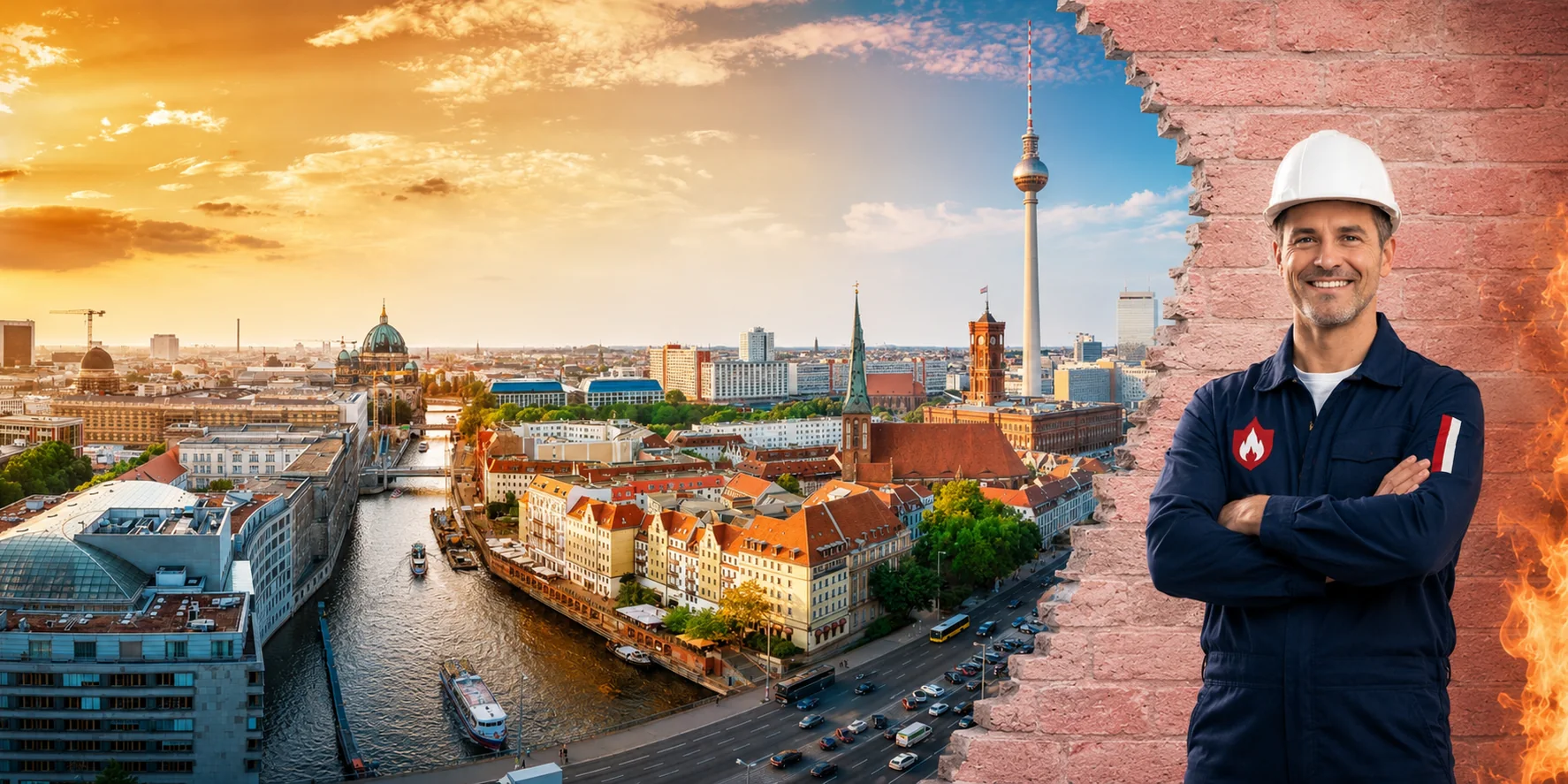 Brandschutzhelfer-Ausbildung in Berlin – Stadtansicht mit einem Brandschutzhelfer mit Helm