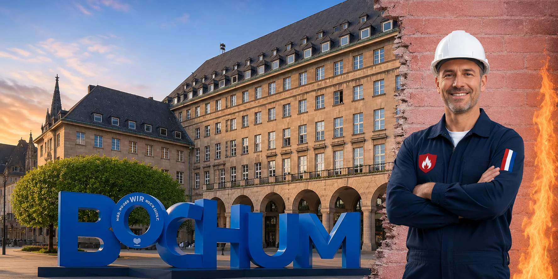 Brandschutzhelfer-Ausbildung in Bochum – Stadtansicht mit einem Brandschutzhelfer mit Helm