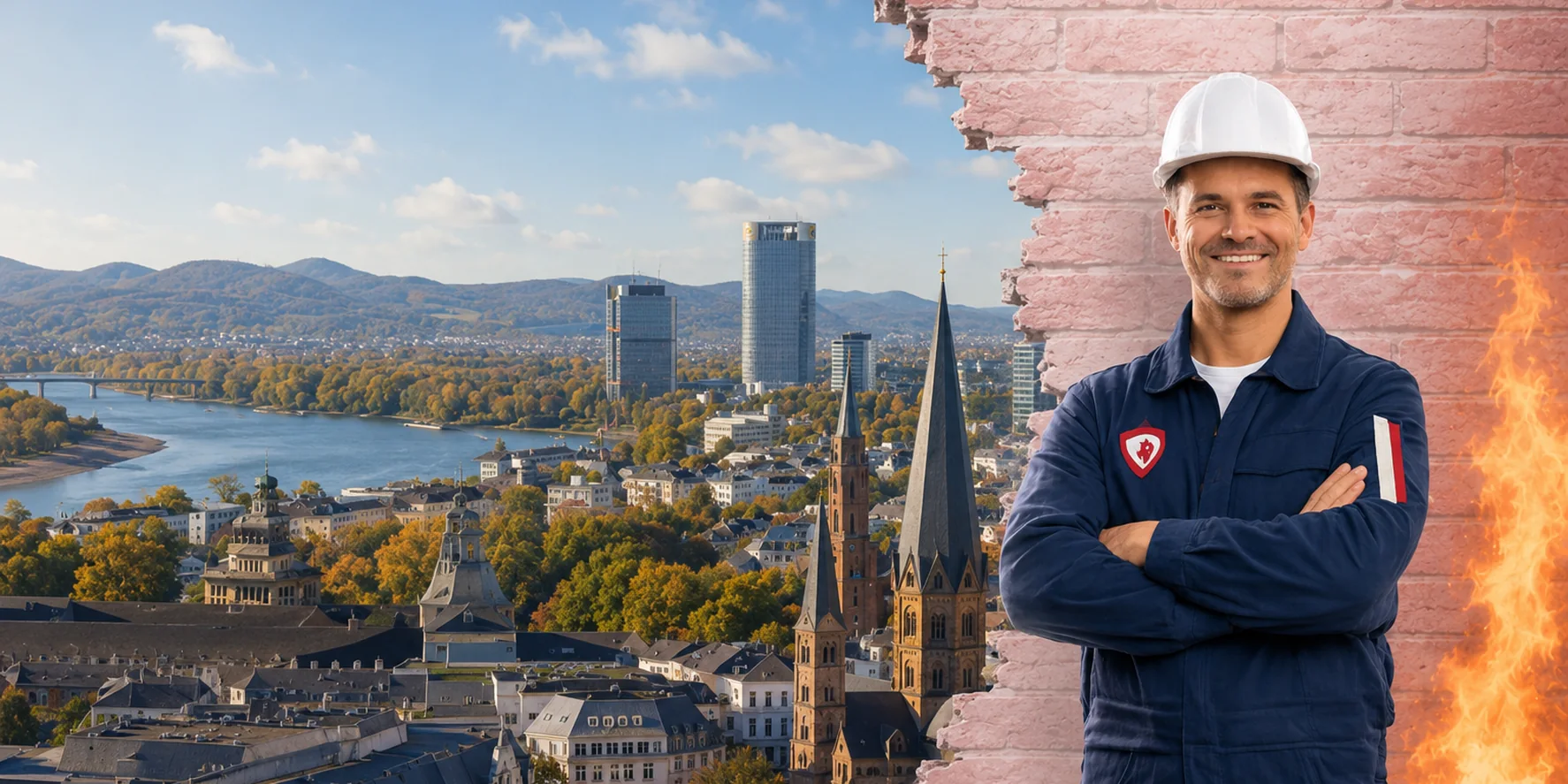 Brandschutzhelfer-Ausbildung in Bonn &ndash; Stadtansicht mit einem Brandschutzhelfer mit Helm
