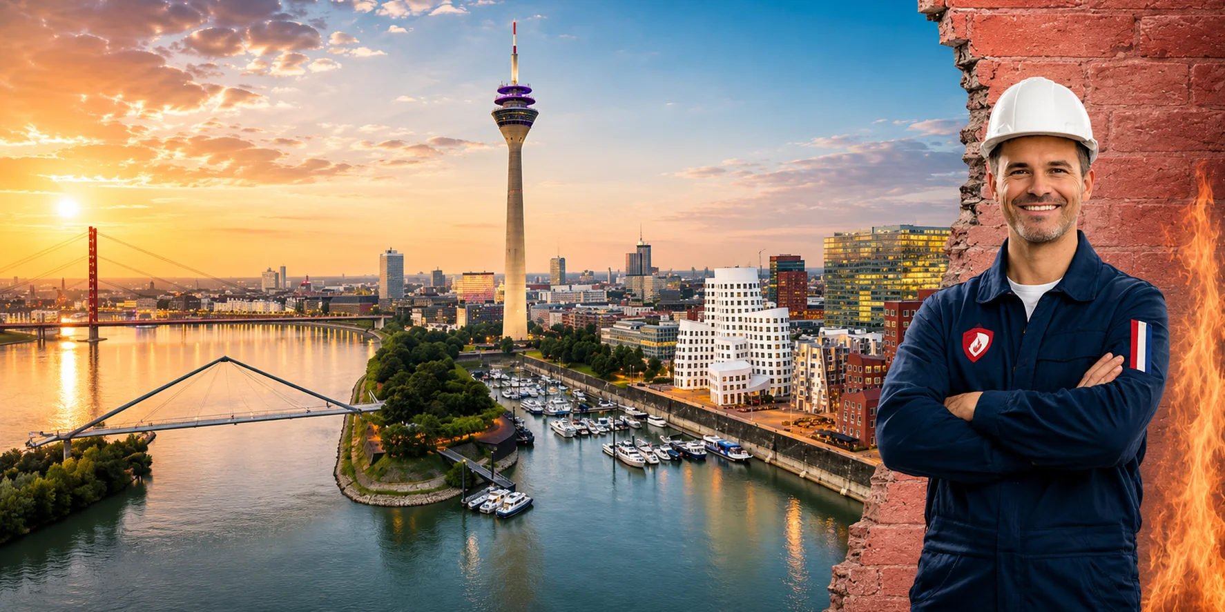 Brandschutzhelfer-Ausbildung in Düsseldorf &ndash; Stadtansicht mit einem Brandschutzhelfer mit Helm