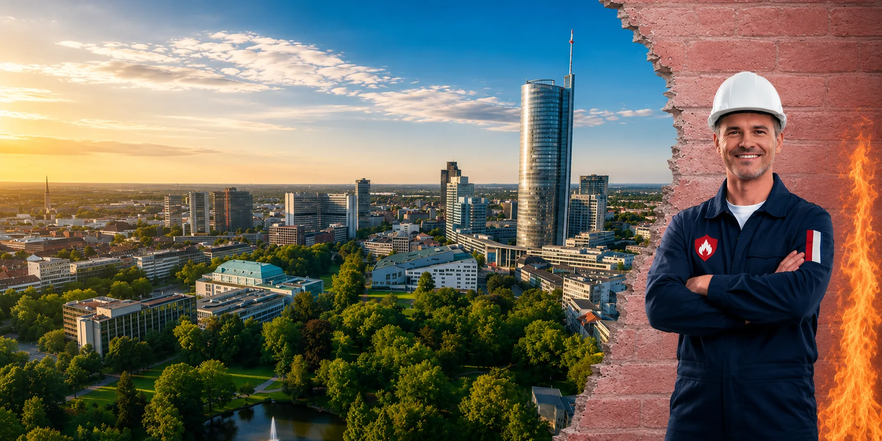 Brandschutzhelfer-Ausbildung in Essen &ndash; Stadtansicht mit einem Brandschutzhelfer mit Helm