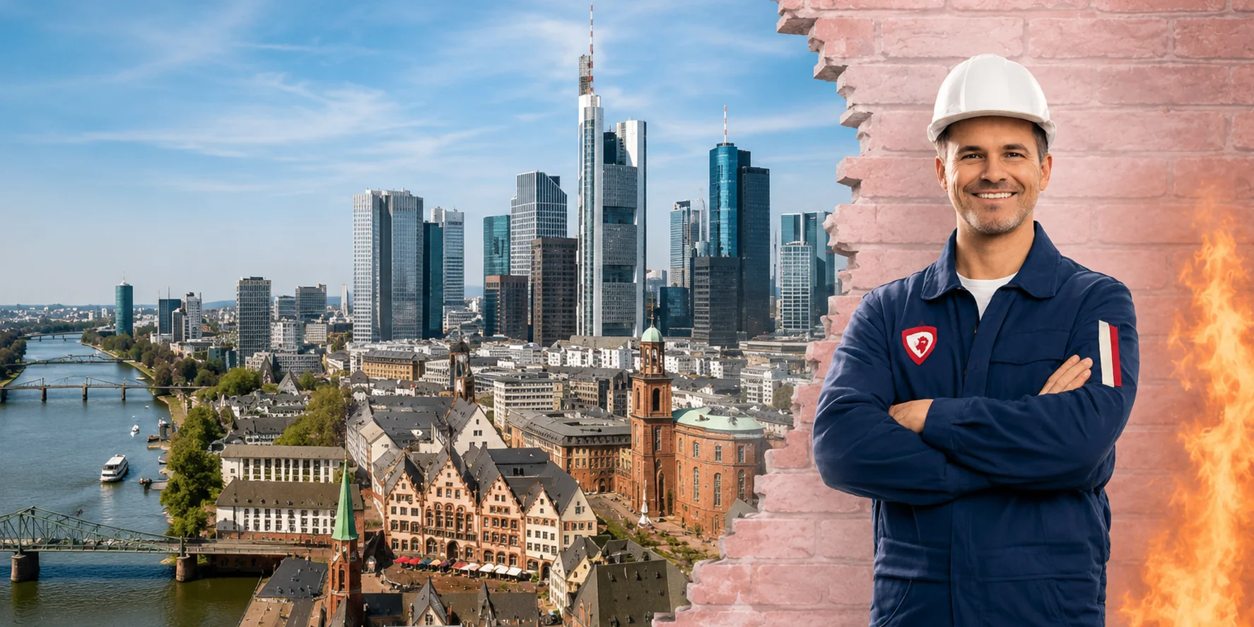 Brandschutzhelfer-Ausbildung in Frankfurt am Main &ndash; Stadtansicht mit einem Brandschutzhelfer mit Helm