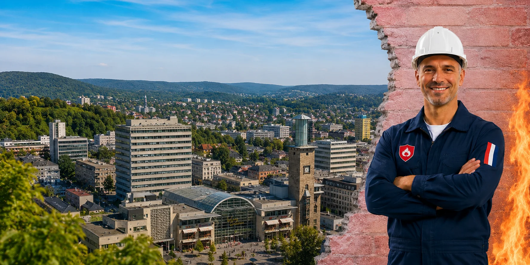 Brandschutzhelfer-Ausbildung in Hagen &ndash; Stadtansicht mit einem Brandschutzhelfer mit Helm