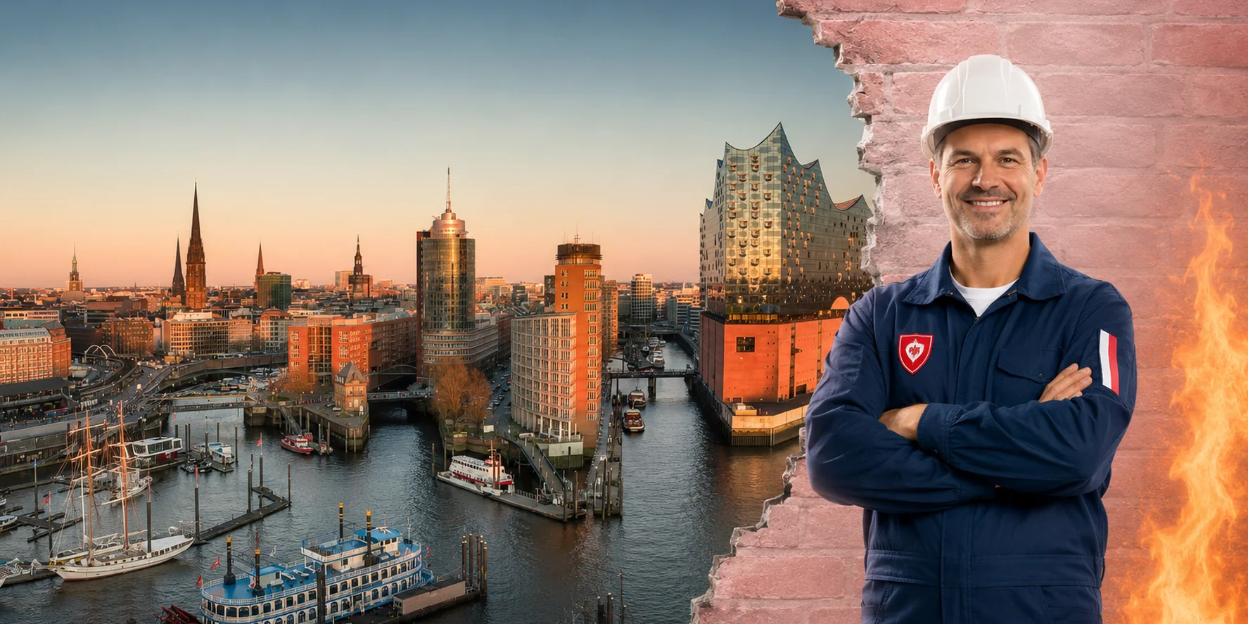 Brandschutzhelfer-Ausbildung in Hamburg – Stadtansicht mit einem Brandschutzhelfer mit Helm