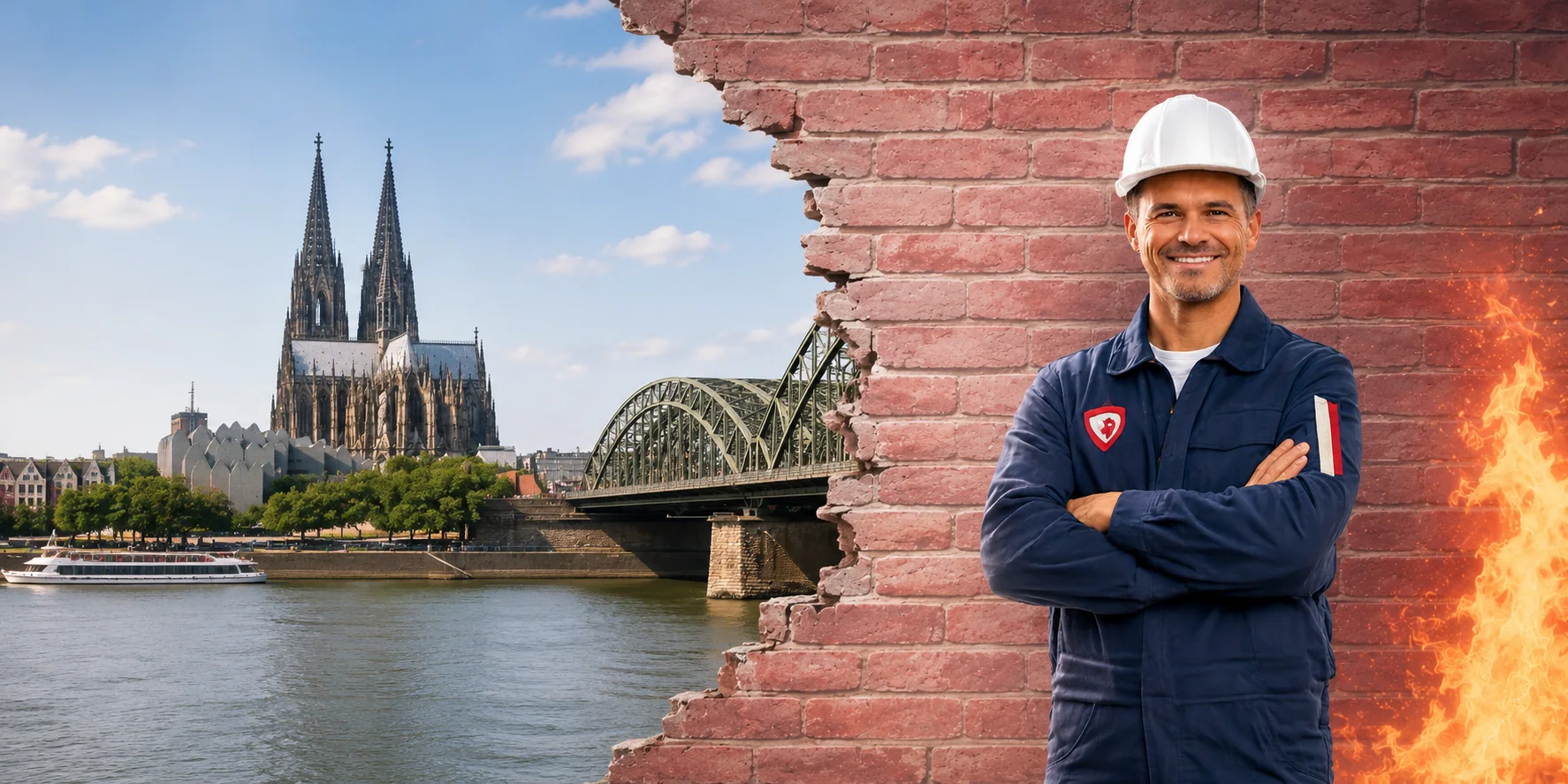 Brandschutzhelfer-Ausbildung in Köln &ndash; Kölner Dom, Hohenzollernbrücke und Rhein, davor ein Brandschutzhelfer mit Helm