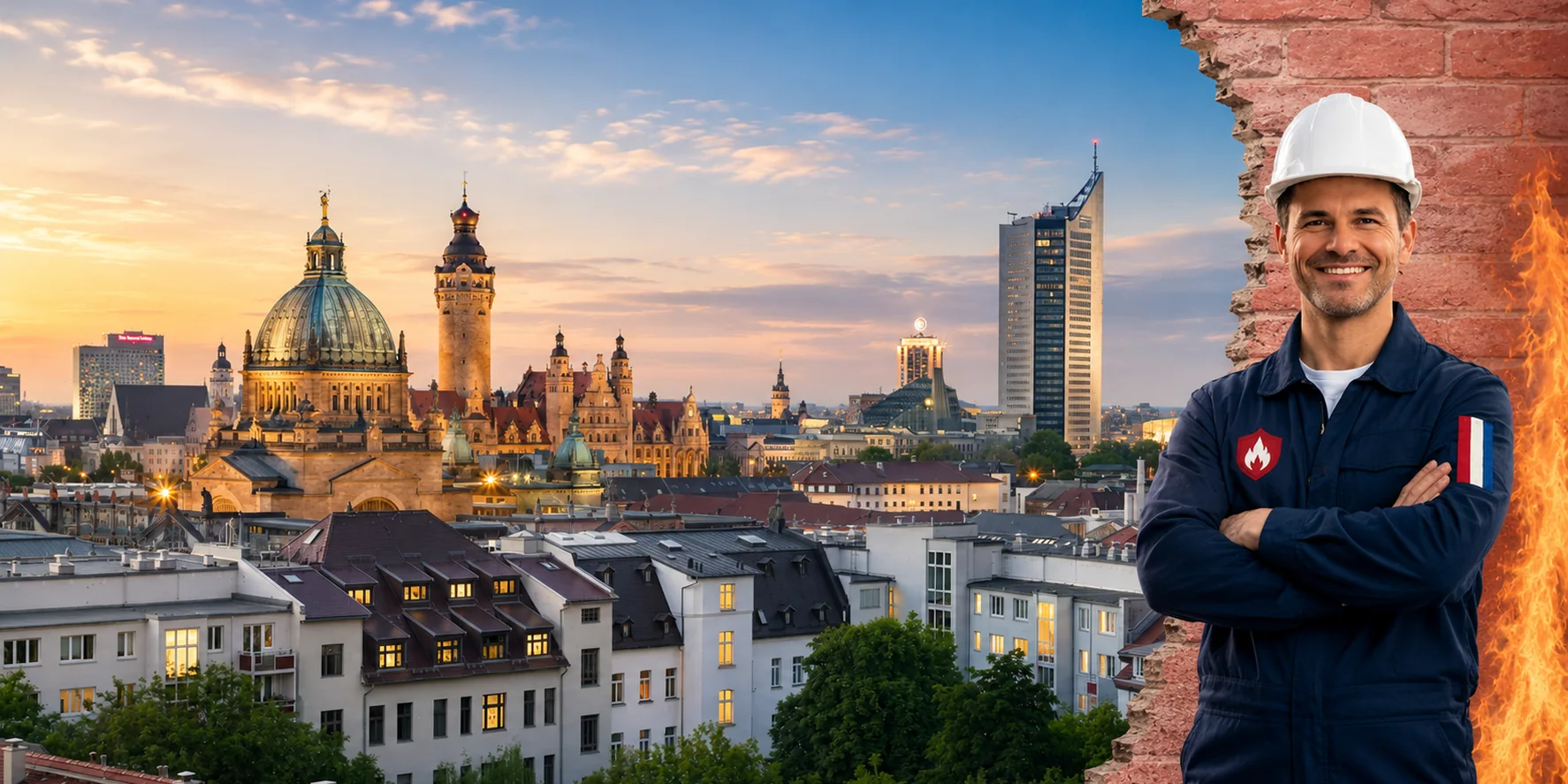 Brandschutzhelfer-Ausbildung in Leipzig &ndash; Stadtansicht mit einem Brandschutzhelfer mit Helm