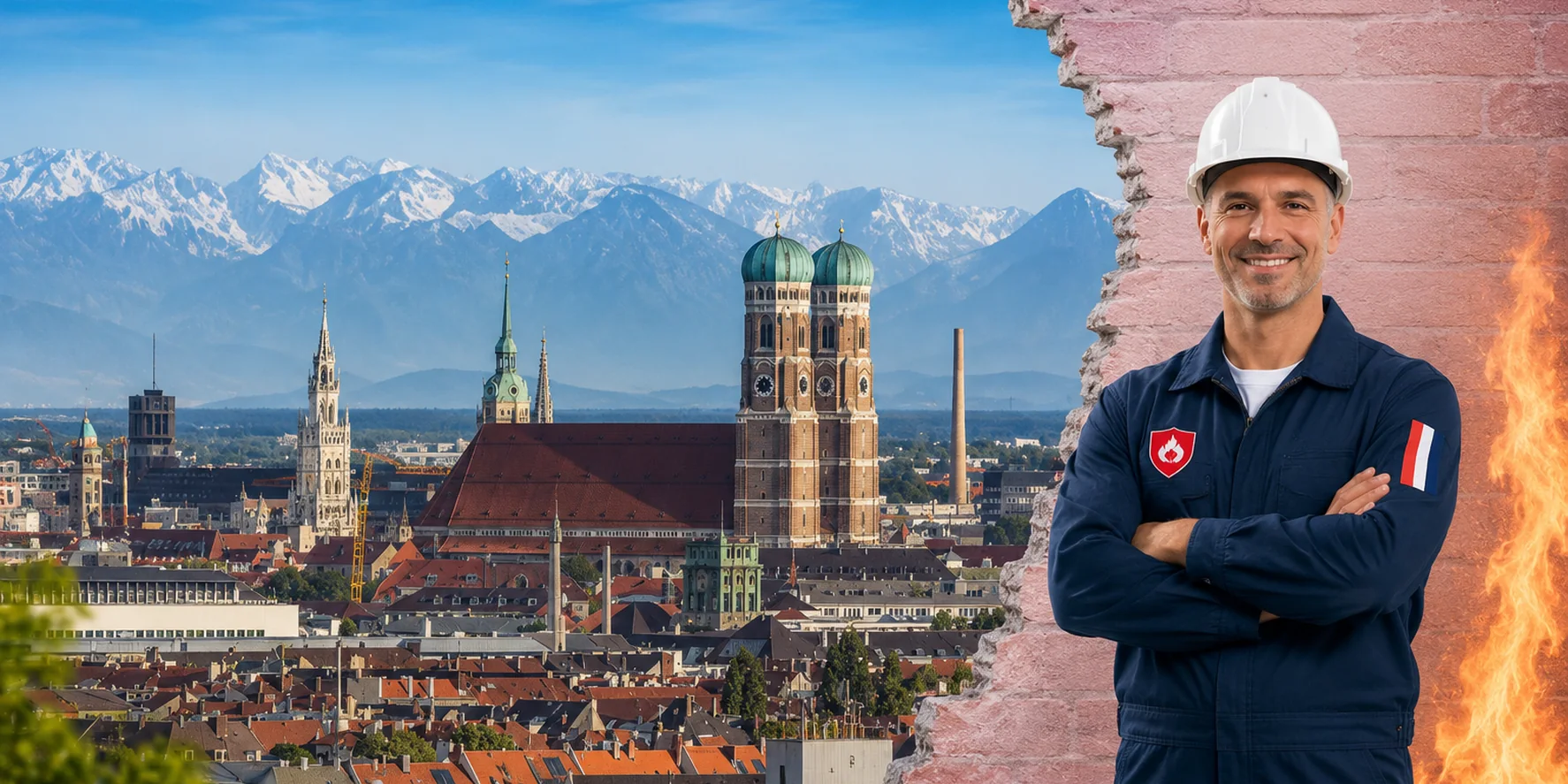 Brandschutzhelfer-Ausbildung in München – Stadtansicht mit einem Brandschutzhelfer mit Helm