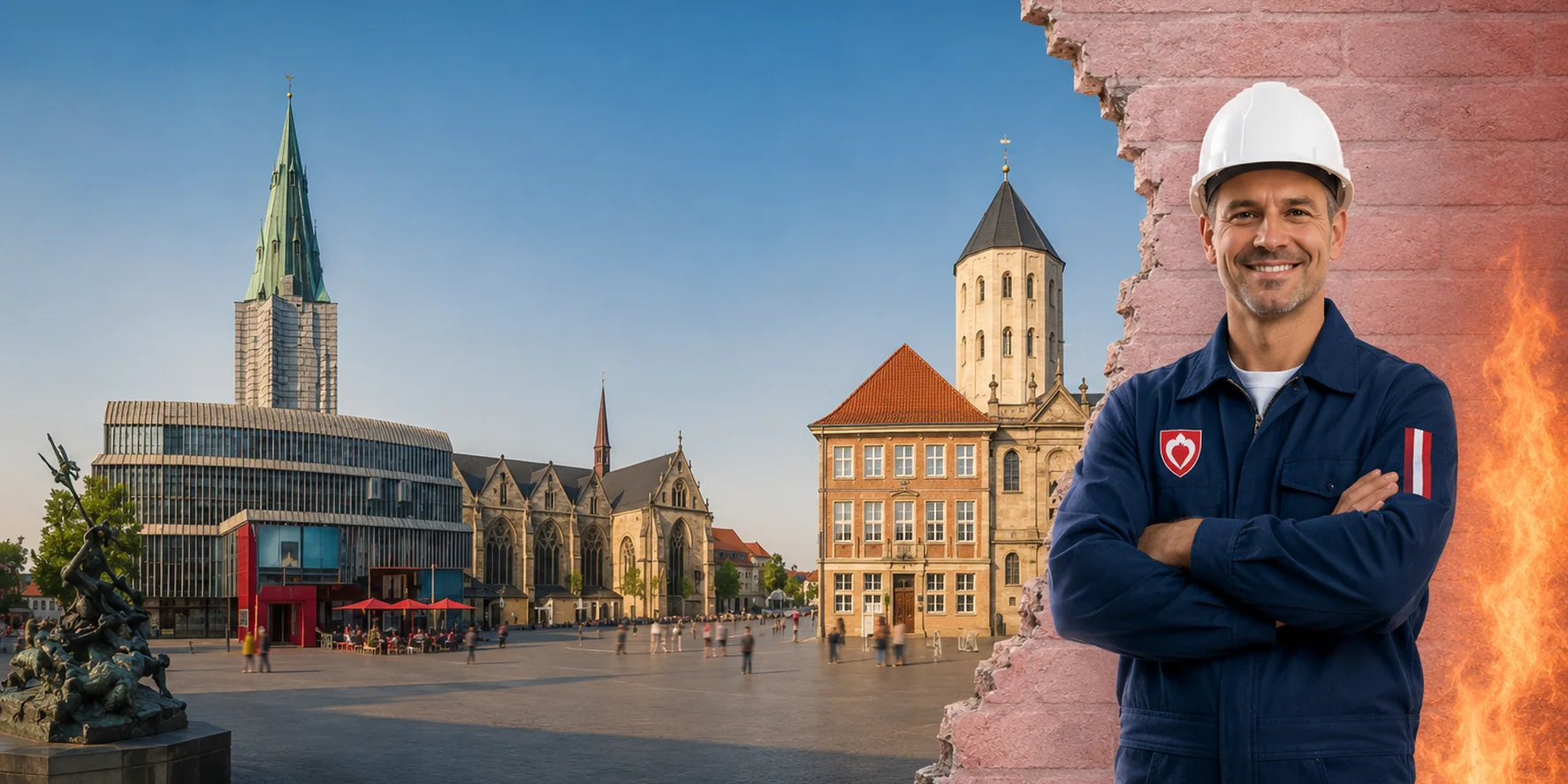 Brandschutzhelfer-Ausbildung in Paderborn – Stadtansicht mit einem Brandschutzhelfer mit Helm