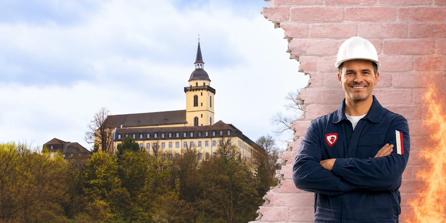Brandschutzhelfer-Ausbildung in Siegburg &ndash; Stadtansicht mit einem Brandschutzhelfer mit Helm