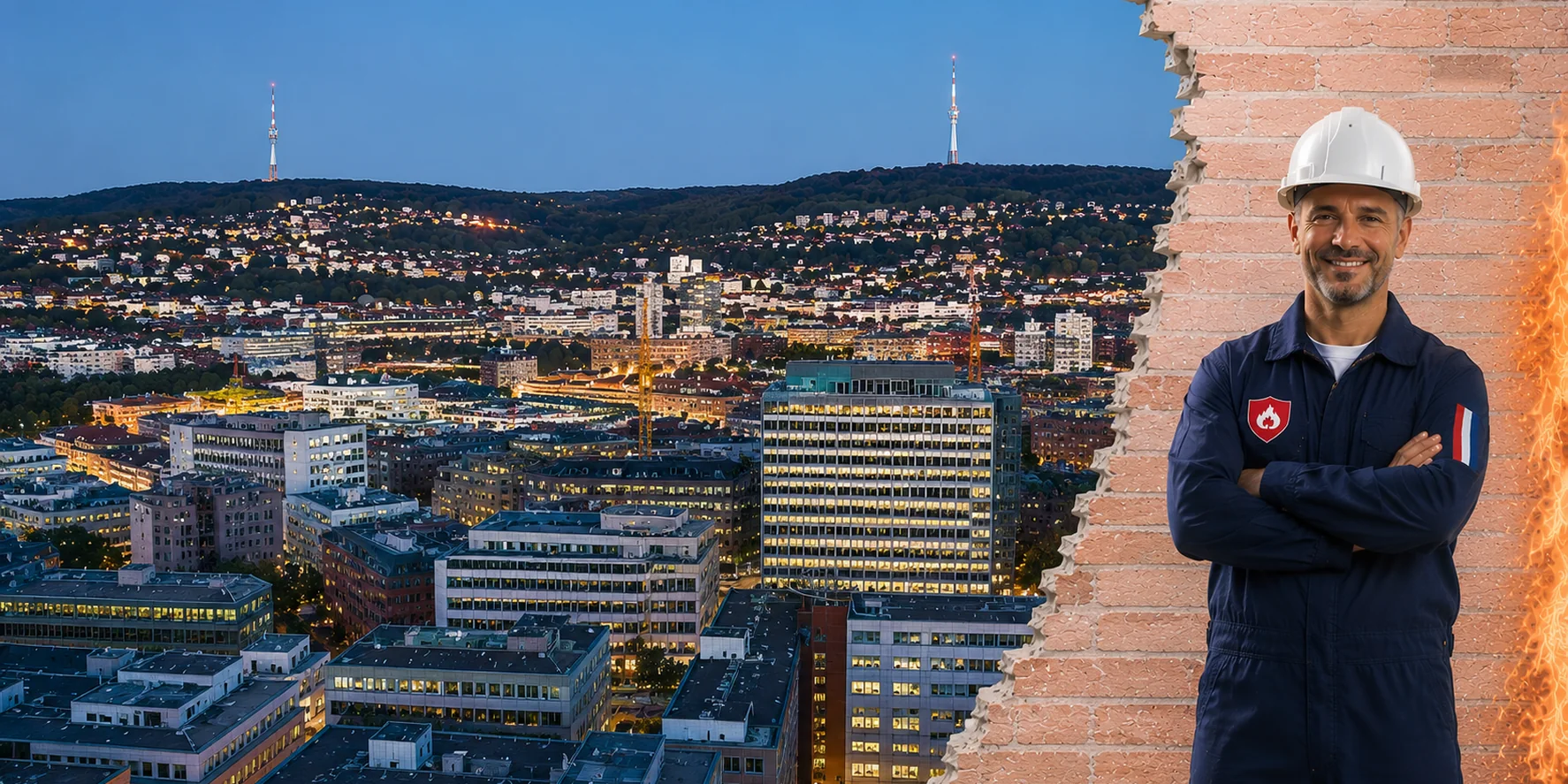 Brandschutzhelfer-Ausbildung in Stuttgart &ndash; Stadtansicht mit einem Brandschutzhelfer mit Helm