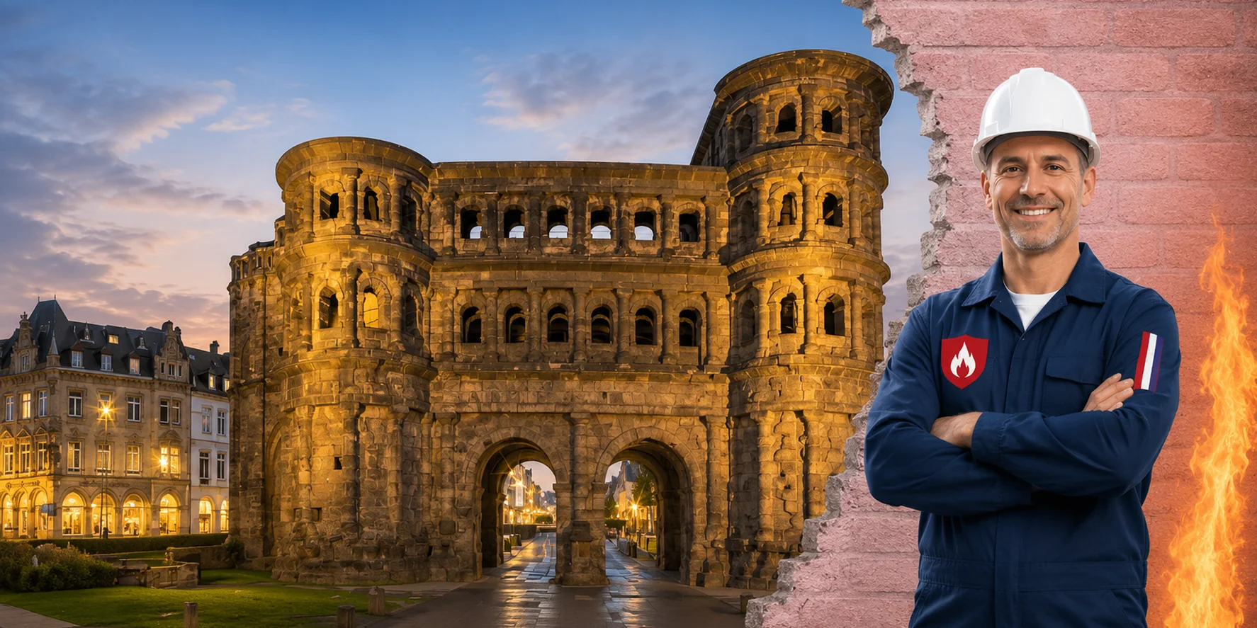 Brandschutzhelfer-Ausbildung in Trier – Stadtansicht mit einem Brandschutzhelfer mit Helm